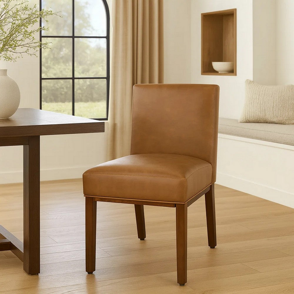 Benjara Jan Dining Chair with Espresso Wood Legs, Caramel Brown Faux Leather