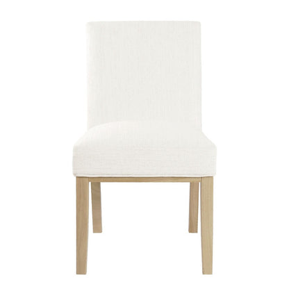 Benjara Jan Dining Chair with Natural Brown Wood Legs, White Woven Fabric