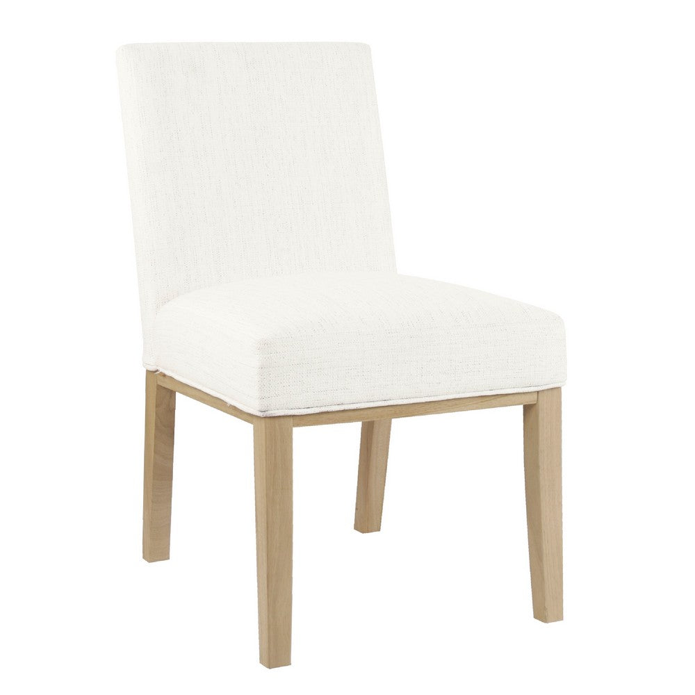 Benjara Jan Dining Chair with Natural Brown Wood Legs, White Woven Fabric