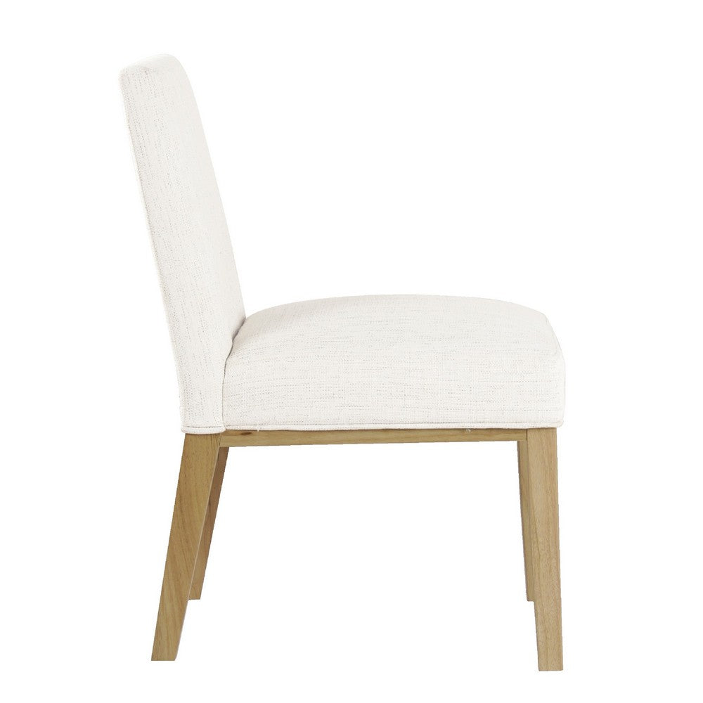 Benjara Jan Dining Chair with Natural Brown Wood Legs, White Woven Fabric