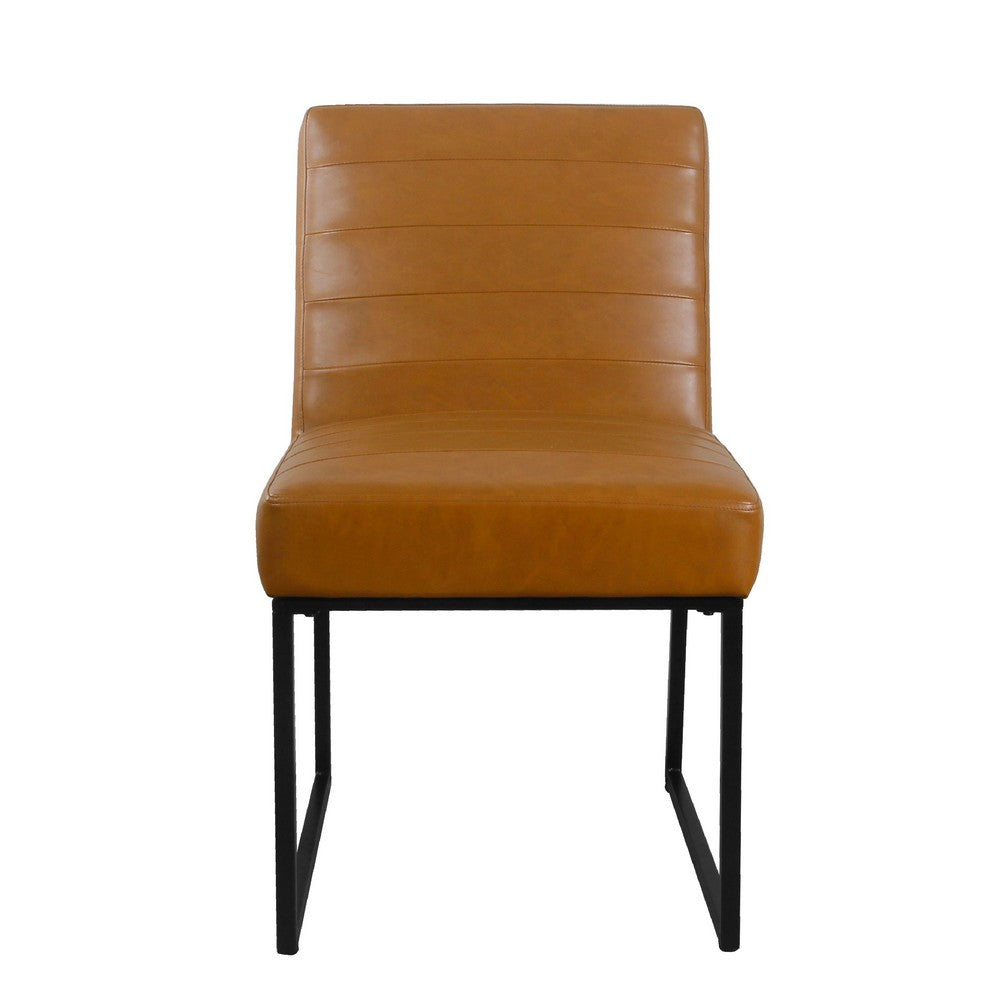 Benjara Dining Chair, Black Metal, Caramel Brown Channel Stitched Faux Leather