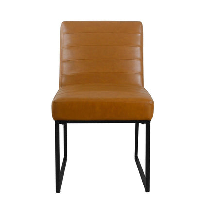 Benjara Dining Chair, Black Metal, Caramel Brown Channel Stitched Faux Leather