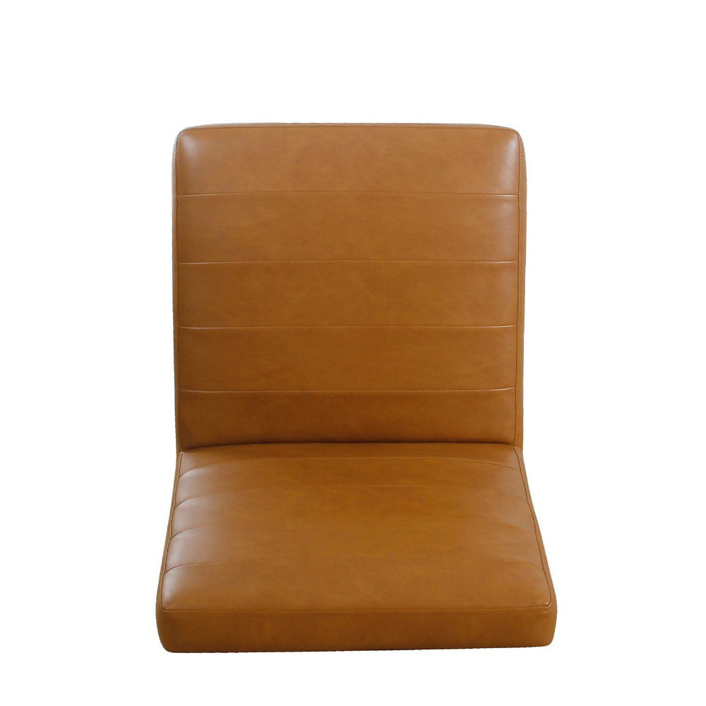 Benjara Dining Chair, Black Metal, Caramel Brown Channel Stitched Faux Leather