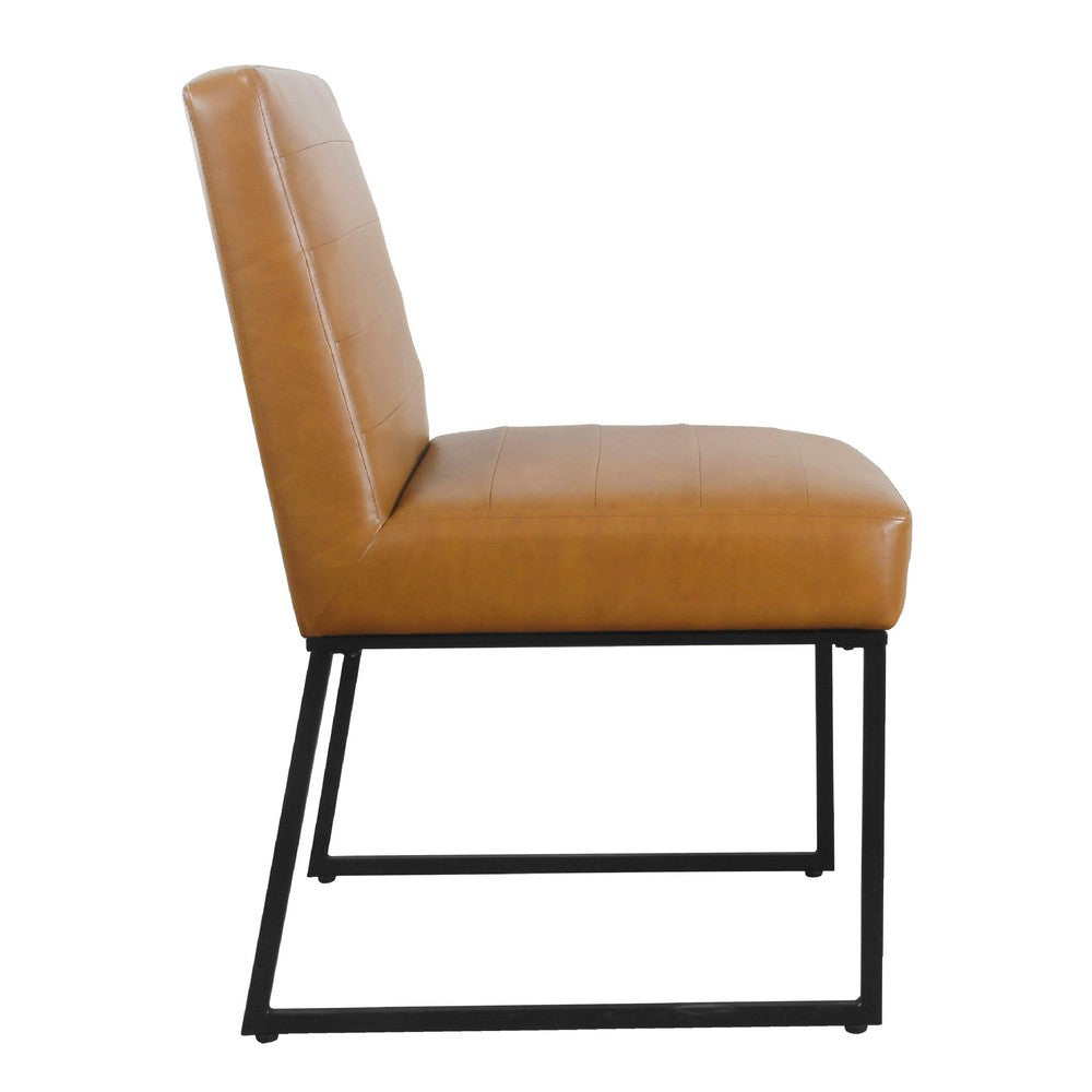 Benjara Dining Chair, Black Metal, Caramel Brown Channel Stitched Faux Leather