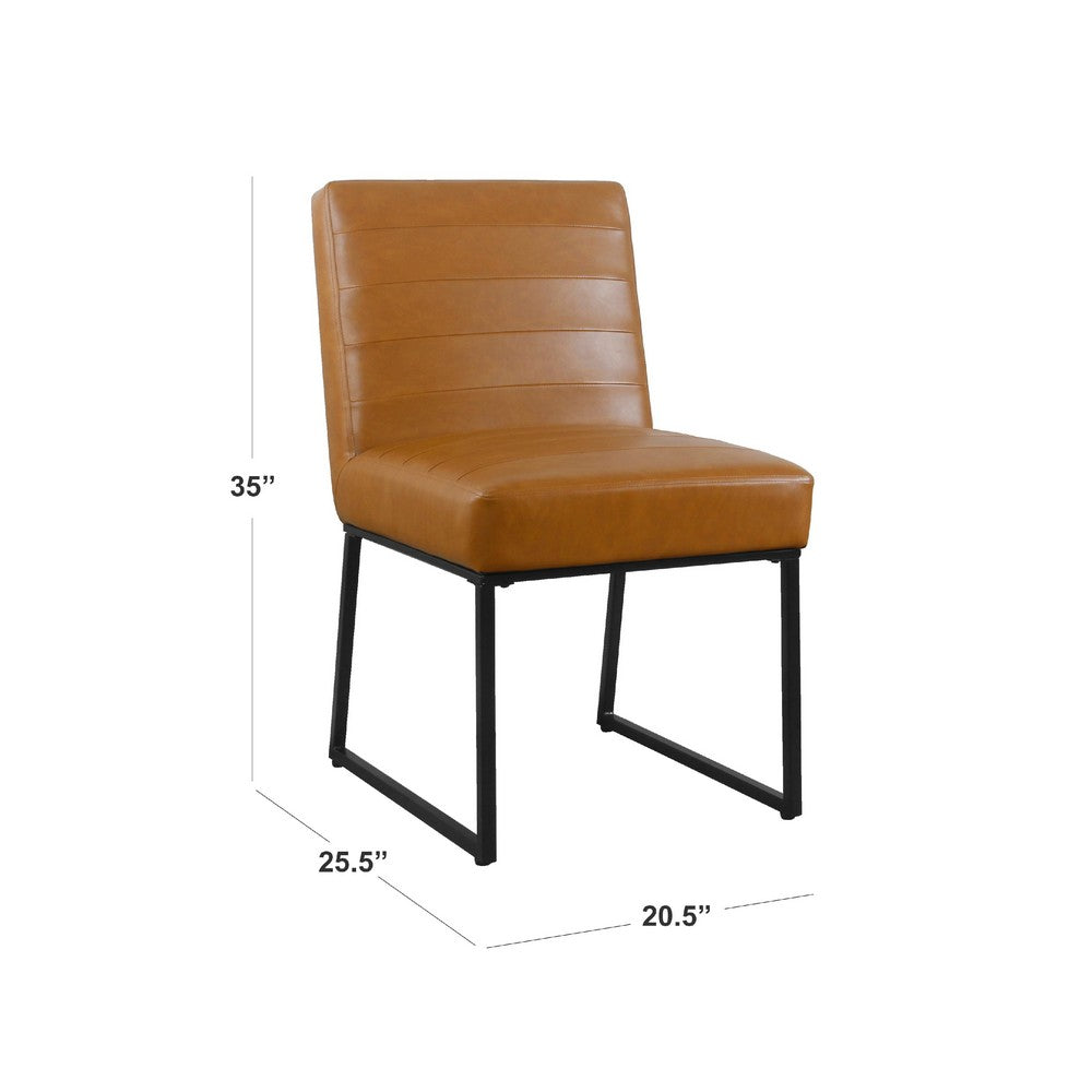 Benjara Dining Chair, Black Metal, Caramel Brown Channel Stitched Faux Leather