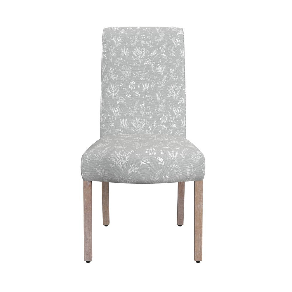 Benjara Jay Dining Chair Set of 2, Light Gray Floral with Animal Motifs Fabric