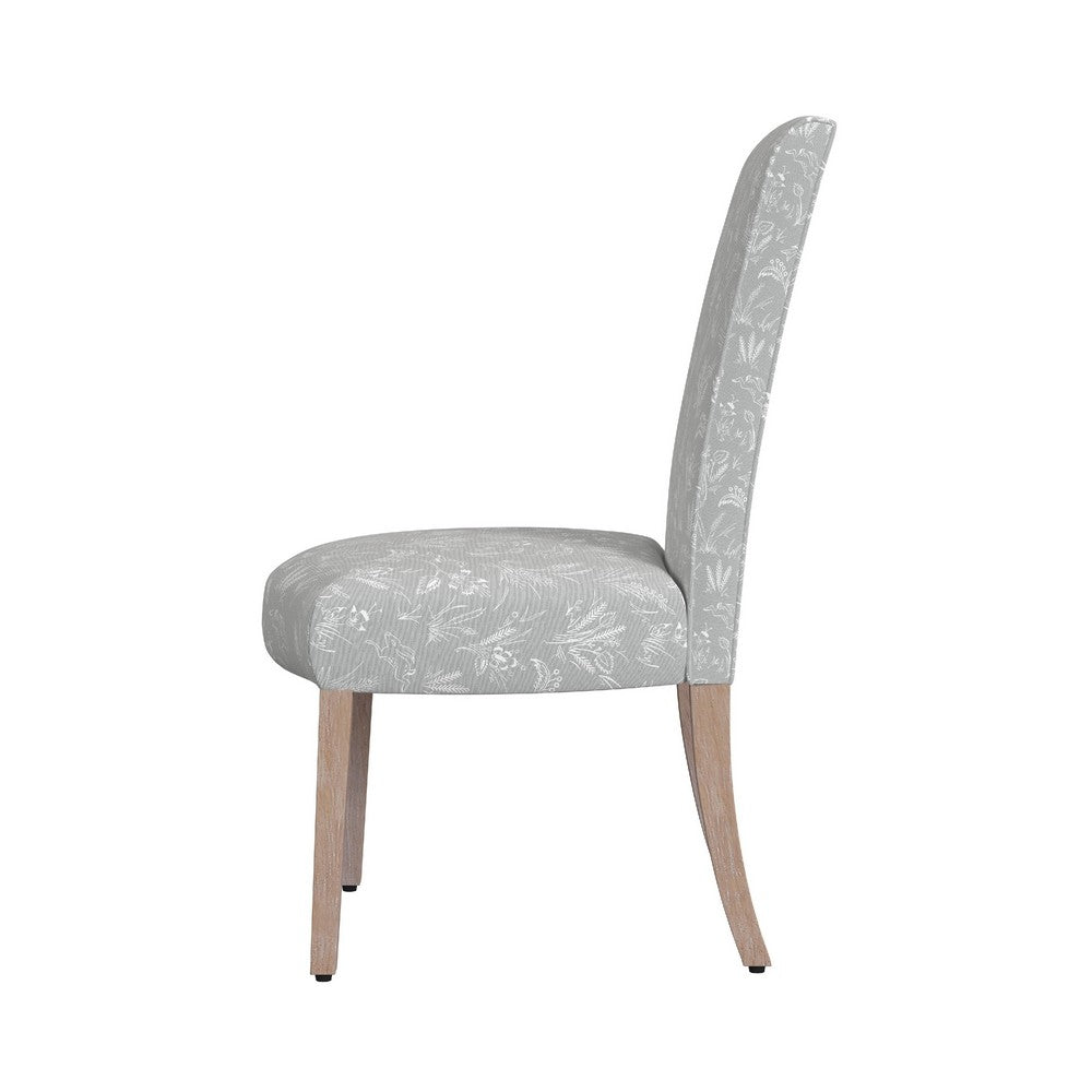 Benjara Jay Dining Chair Set of 2, Light Gray Floral with Animal Motifs Fabric