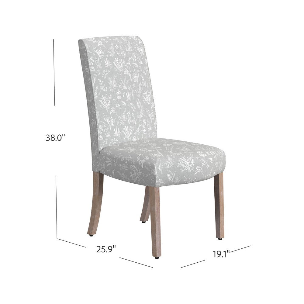 Benjara Jay Dining Chair Set of 2, Light Gray Floral with Animal Motifs Fabric