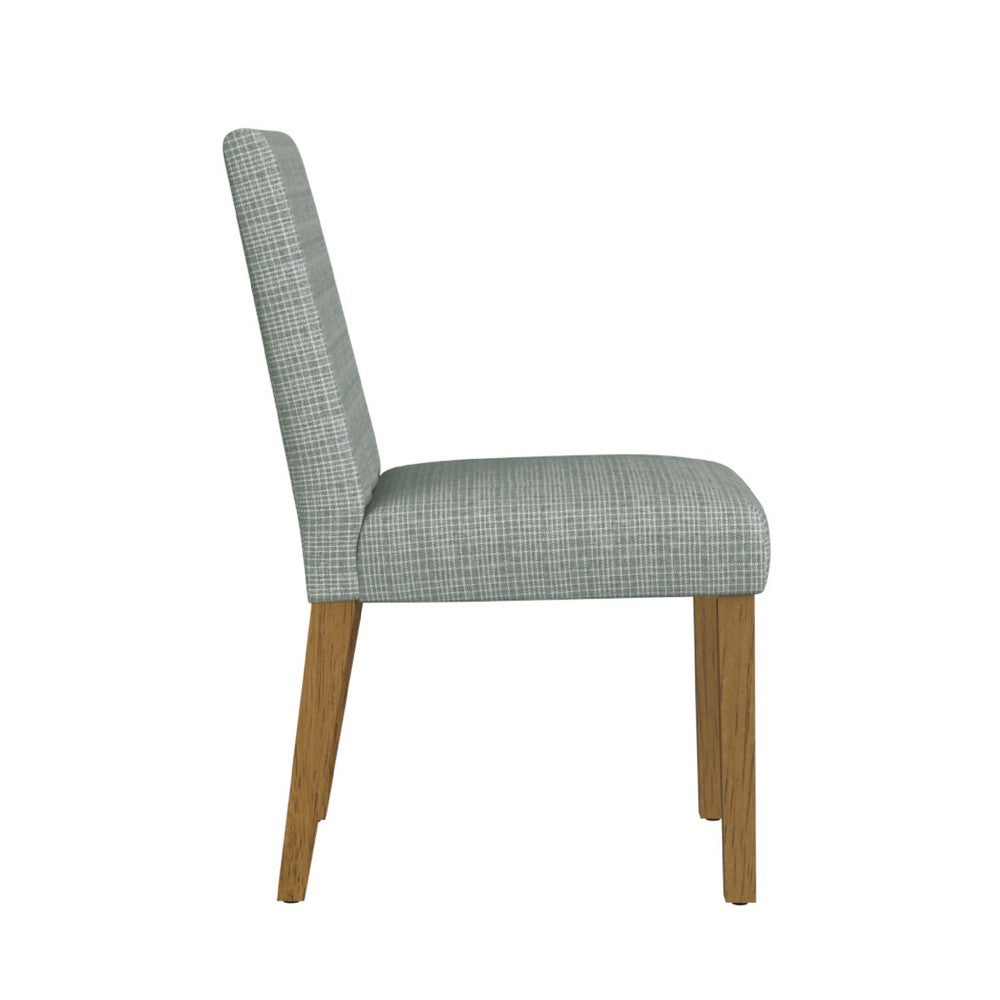 Benjara Kip Dining Chair, Honey Oak Wood, Green Mini Grid Pattern Woven Fabric