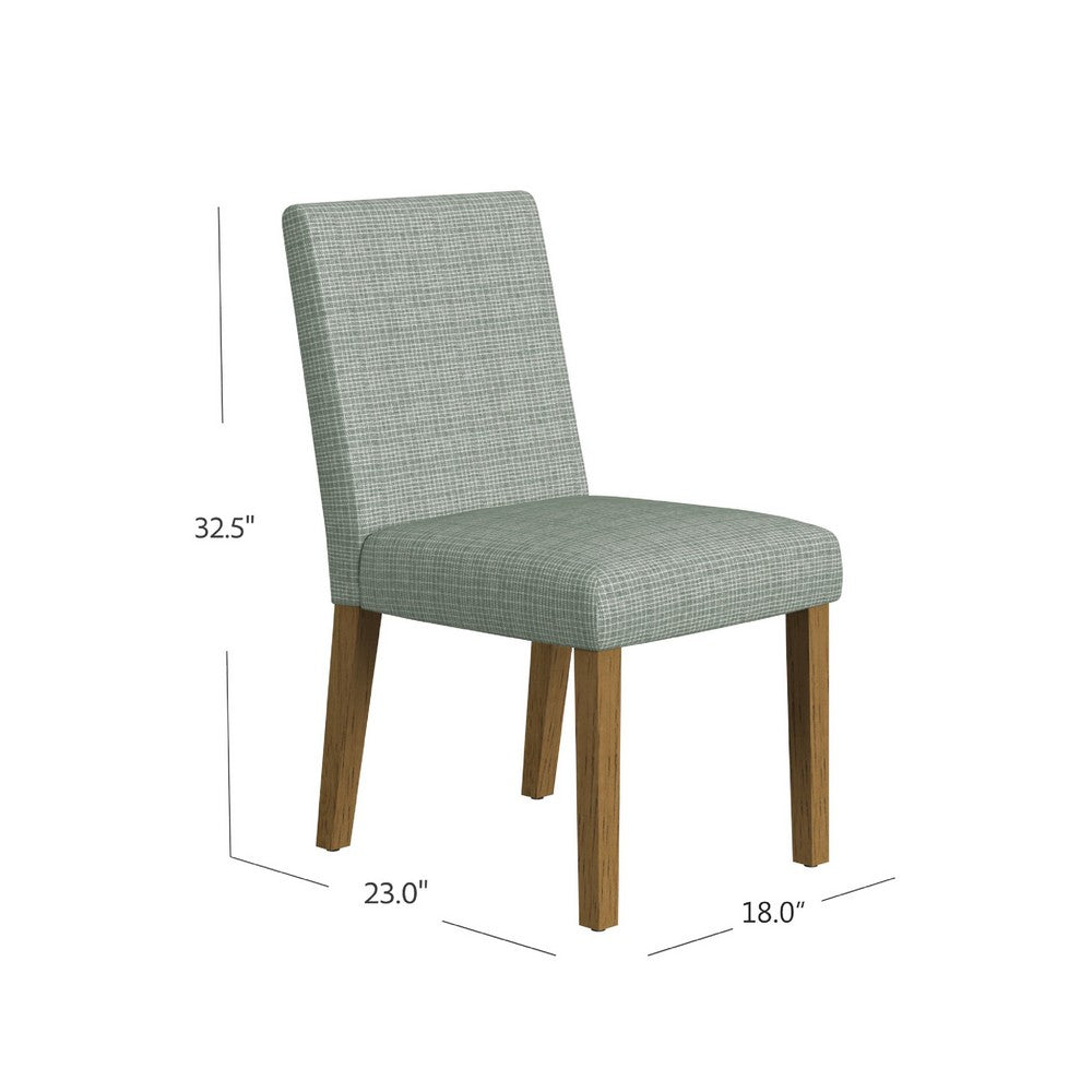 Benjara Kip Dining Chair, Honey Oak Wood, Green Mini Grid Pattern Woven Fabric