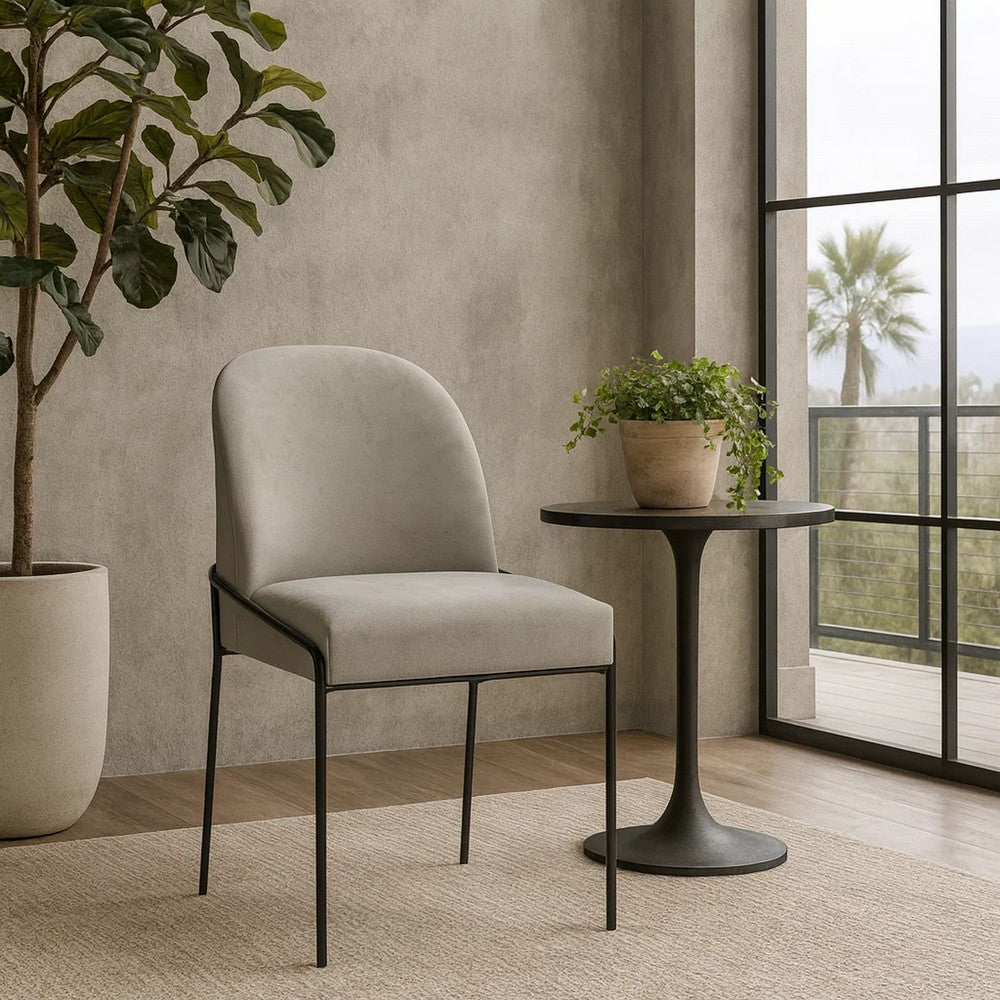 Benjara Nik Dining Chair with Curved Backrest, Matte Black Metal, Gray Velvet