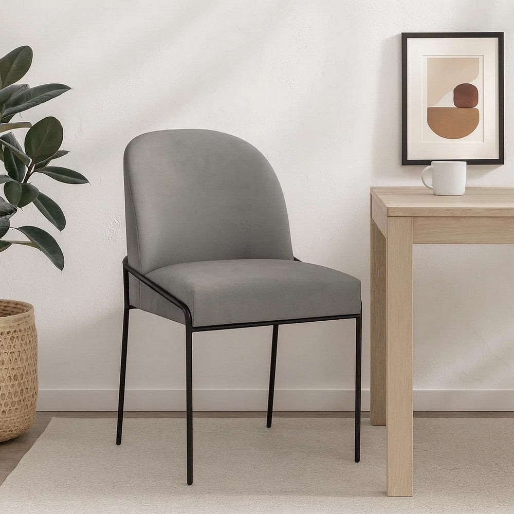 Benjara Nik Dining Chair with Curved Backrest, Matte Black Metal, Gray Velvet
