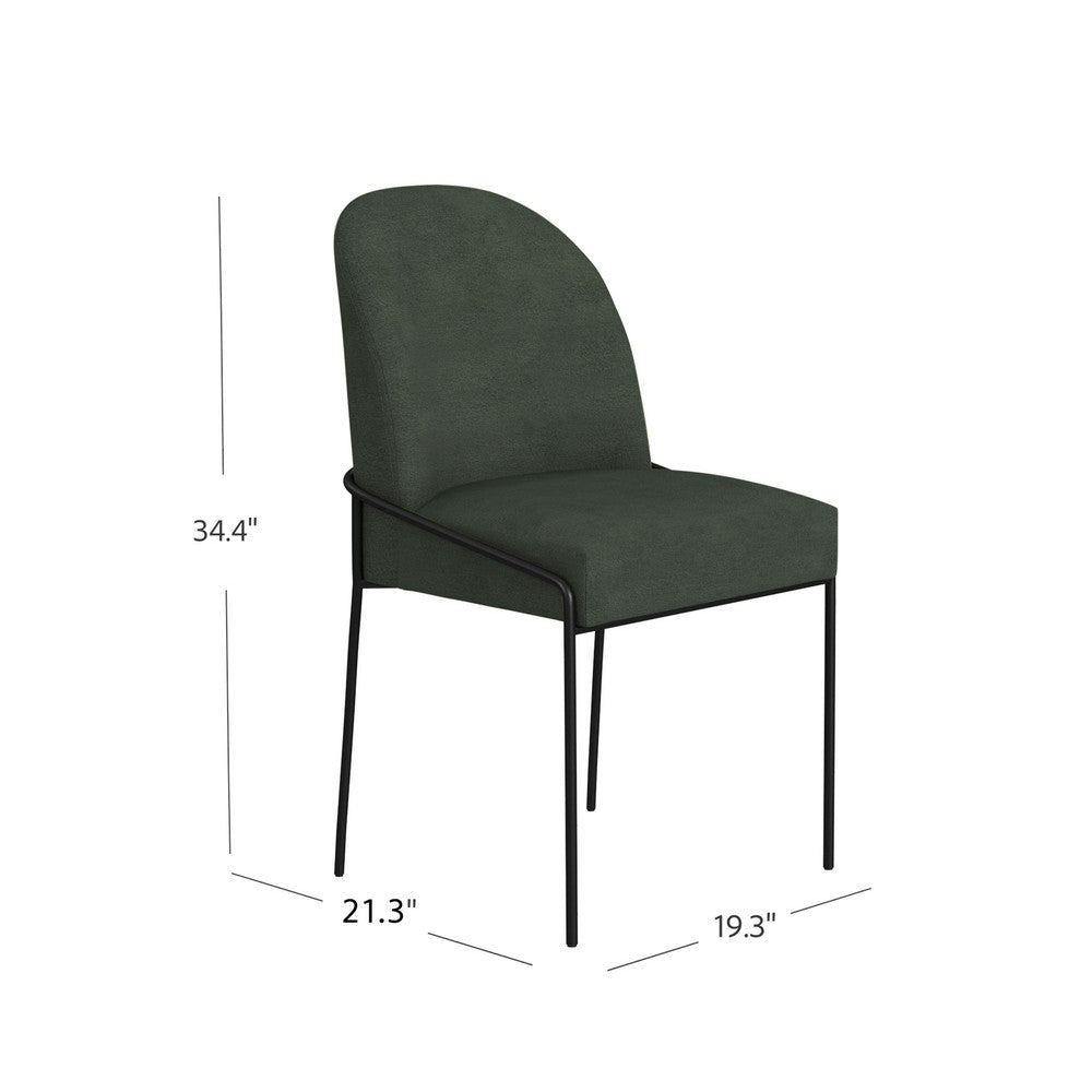 Benjara Nik Dining Chair with Curved Backrest, Matte Black Metal, Green Velvet