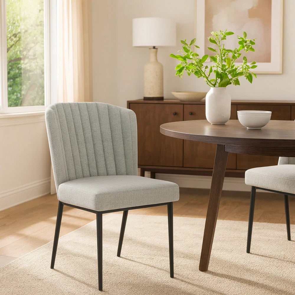 Benjara Ole Dining Chair Set of 2, Curved Back, Gray Woven Fabric, Black Metal