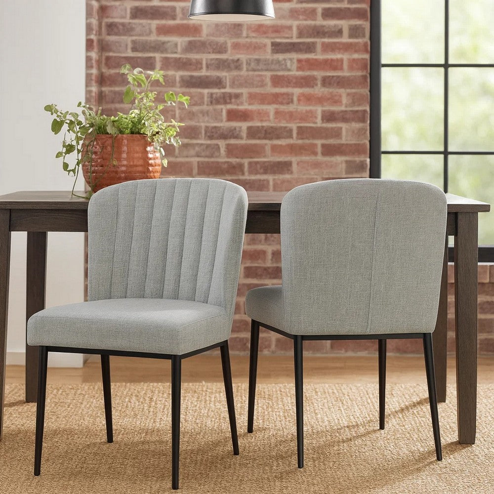 Benjara Ole Dining Chair Set of 2, Curved Back, Gray Woven Fabric, Black Metal