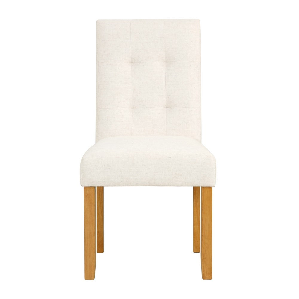 Benjara Rei Dining Chair Set of 2, Wood Frame, Cream Linen Woven Textured