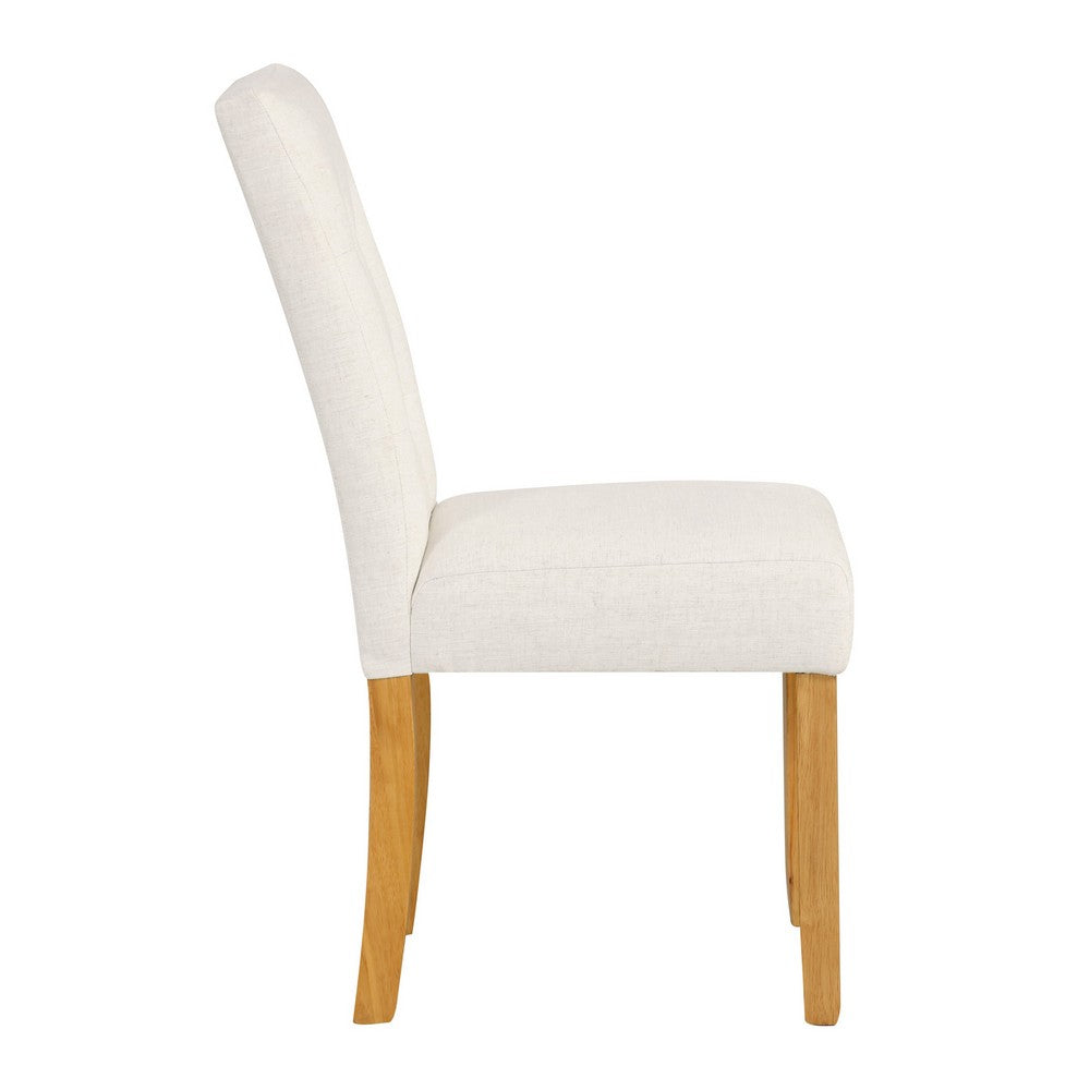 Benjara Rei Dining Chair Set of 2, Wood Frame, Cream Linen Woven Textured