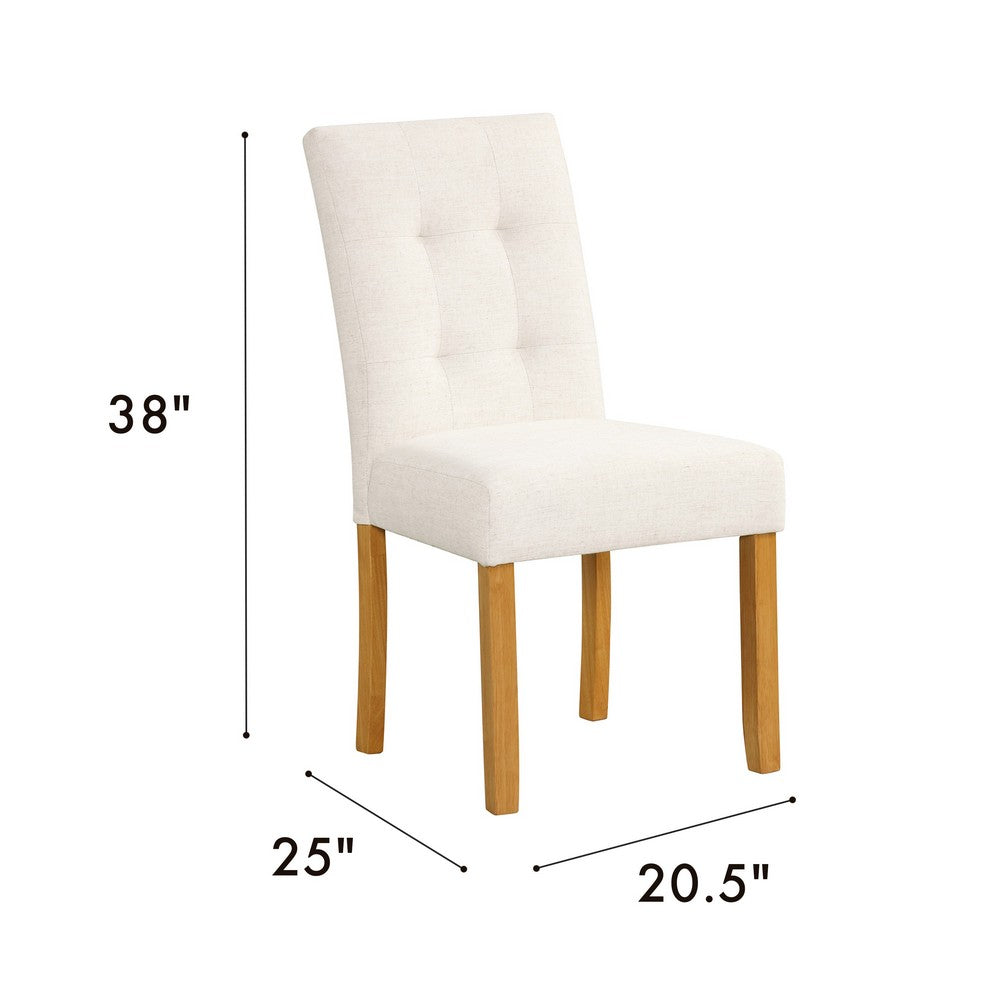 Benjara Rei Dining Chair Set of 2, Wood Frame, Cream Linen Woven Textured