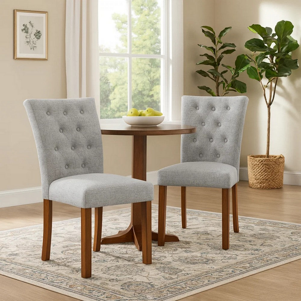 Benjara Rei Parsons Dining Chair Set of 2, Gray Woven Button Tufted Fabric