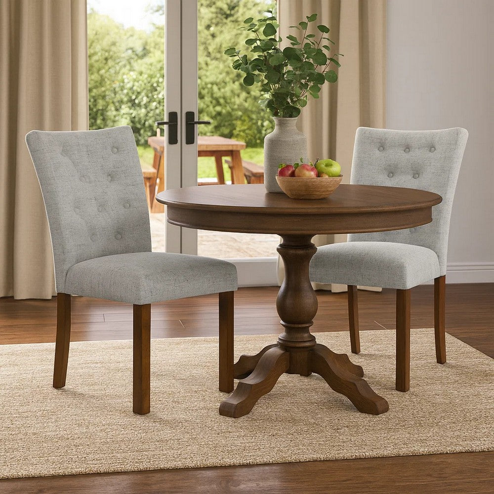 Benjara Rei Parsons Dining Chair Set of 2, Gray Woven Button Tufted Fabric