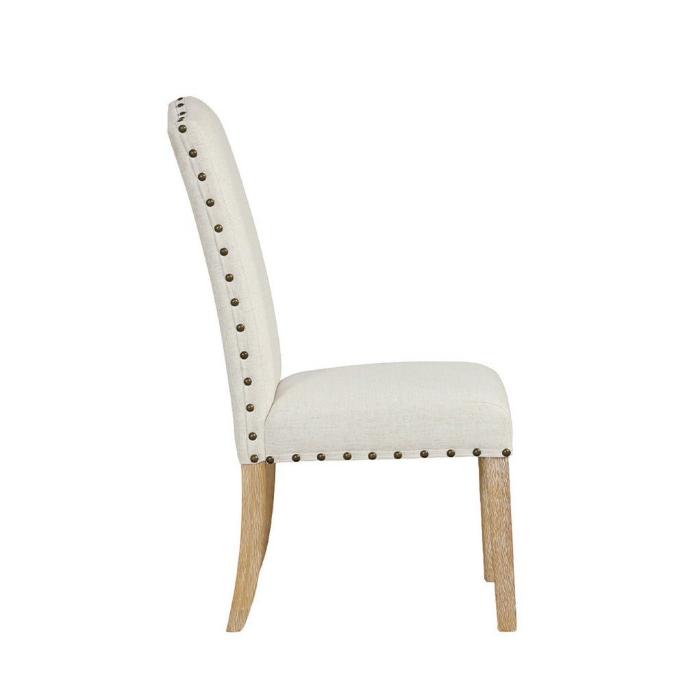 Benjara Ron Parsons Dining Chair Set of 2, Natural Brown Wood, Textured Cream