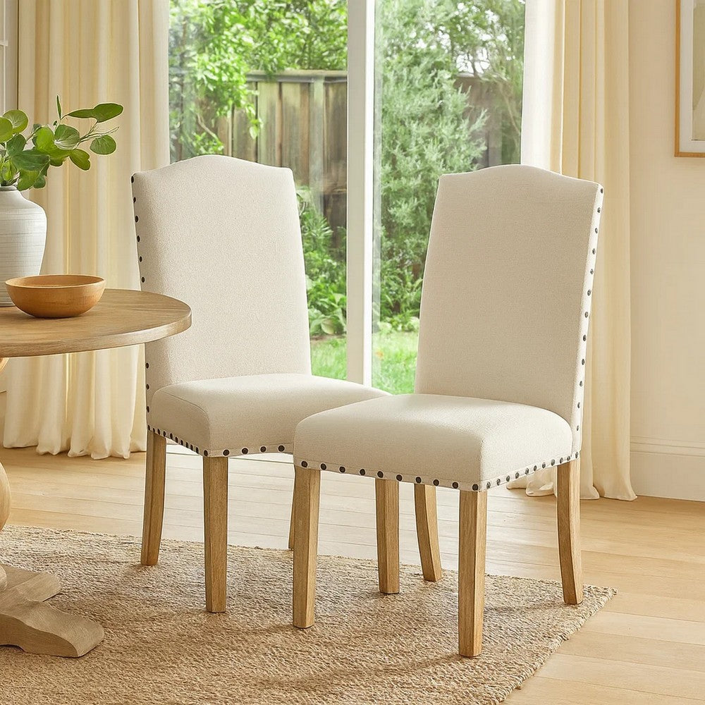 Benjara Ron Parsons Dining Chair Set of 2, Natural Brown Wood, Textured Cream
