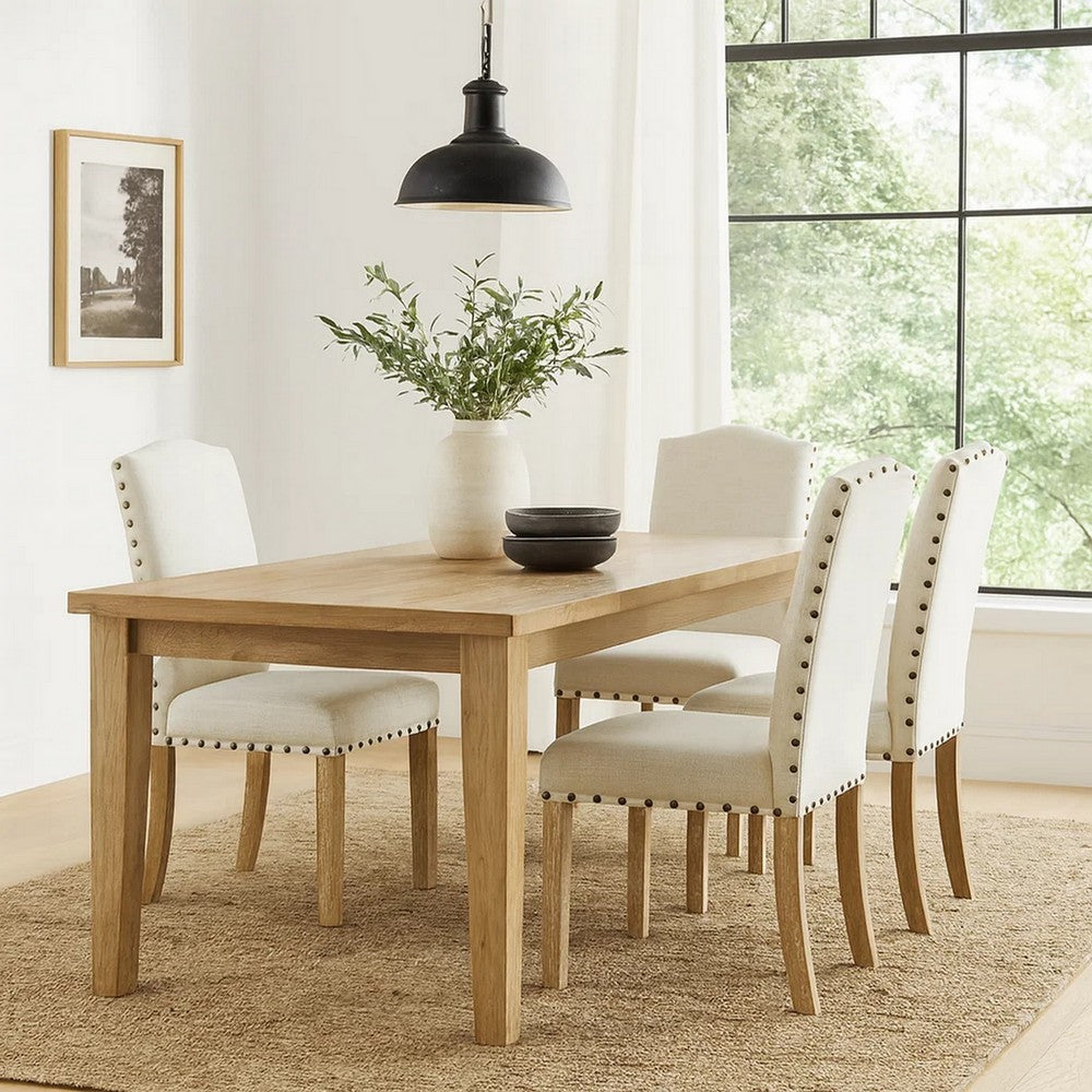 Benjara Ron Parsons Dining Chair Set of 2, Natural Brown Wood, Textured Cream