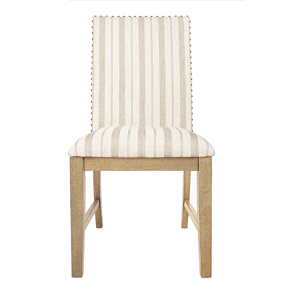 Benjara Tim Dining Chair Set of 2, Wood Apron, Taupe Cream Striped Polyester