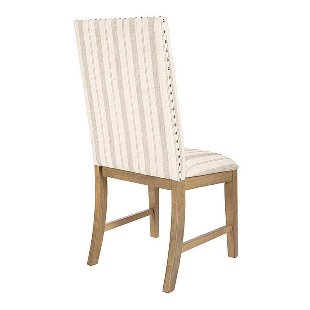 Benjara Tim Dining Chair Set of 2, Wood Apron, Taupe Cream Striped Polyester