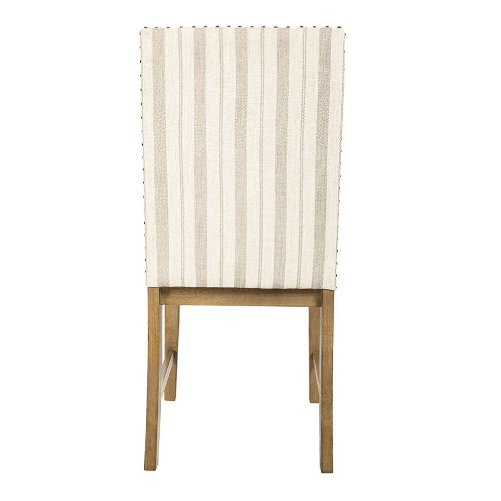 Benjara Tim Dining Chair Set of 2, Wood Apron, Taupe Cream Striped Polyester
