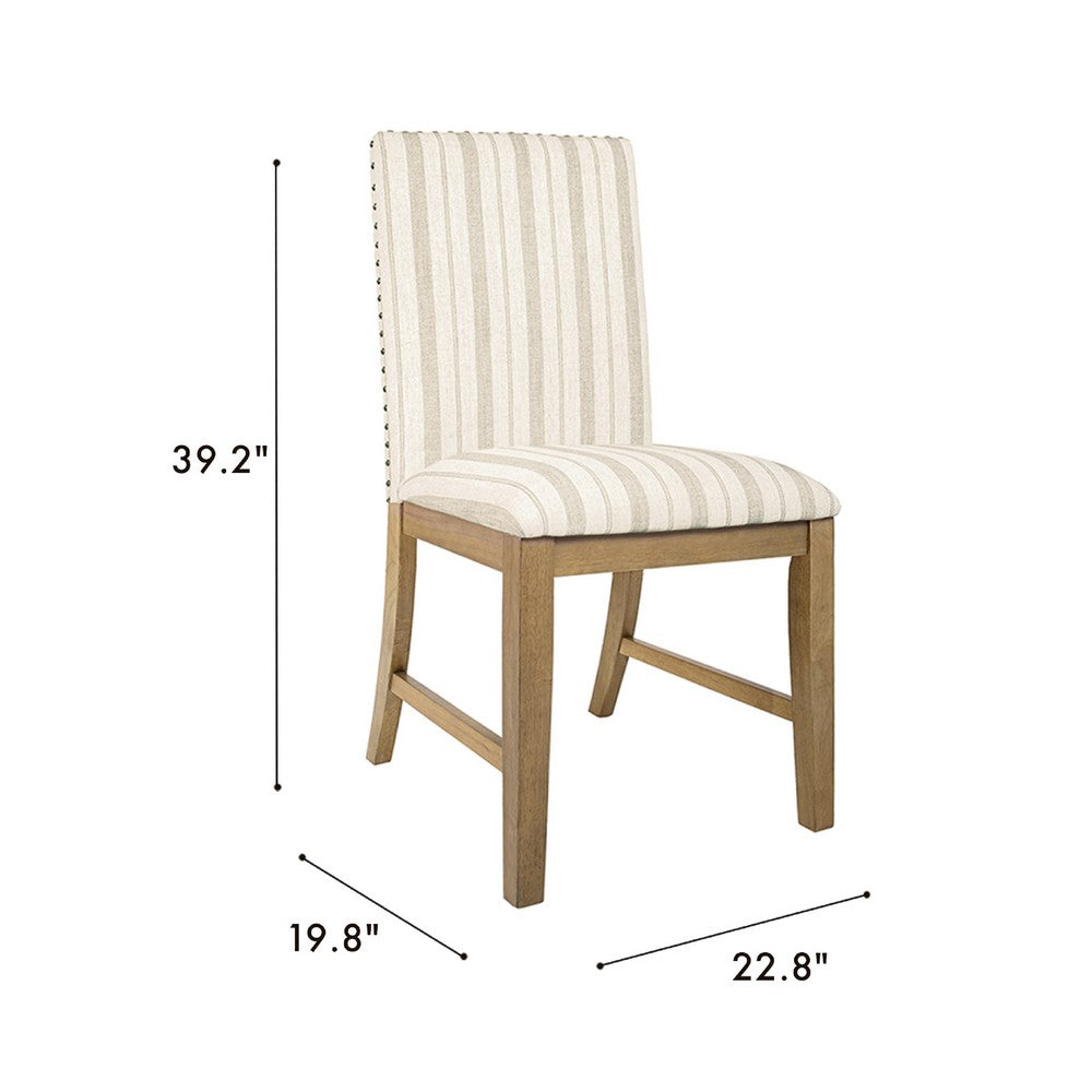 Benjara Tim Dining Chair Set of 2, Wood Apron, Taupe Cream Striped Polyester