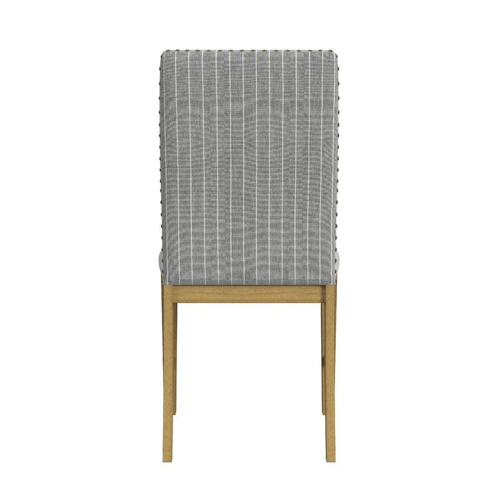 Benjara Tim Dining Chair Set of 2, Wood Apron Frame, Gray Striped Polyester