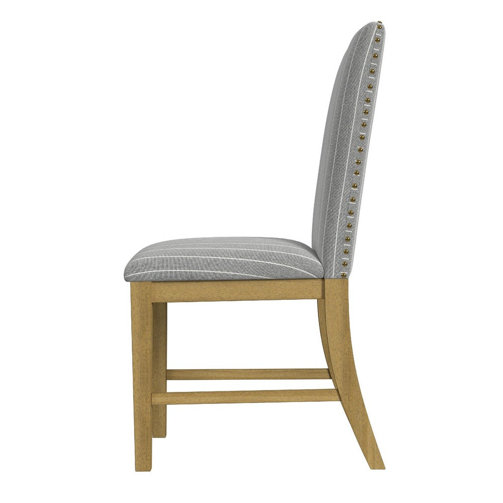 Benjara Tim Dining Chair Set of 2, Wood Apron Frame, Gray Striped Polyester