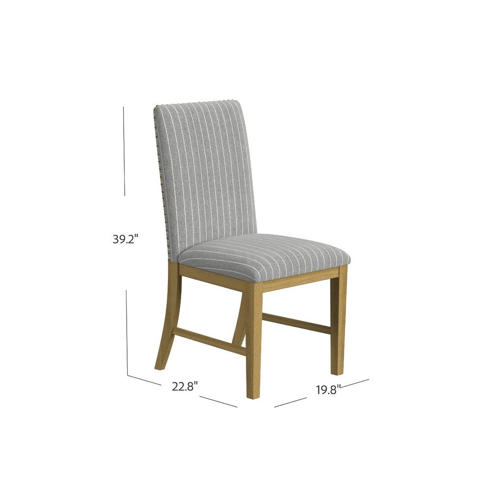 Benjara Tim Dining Chair Set of 2, Wood Apron Frame, Gray Striped Polyester