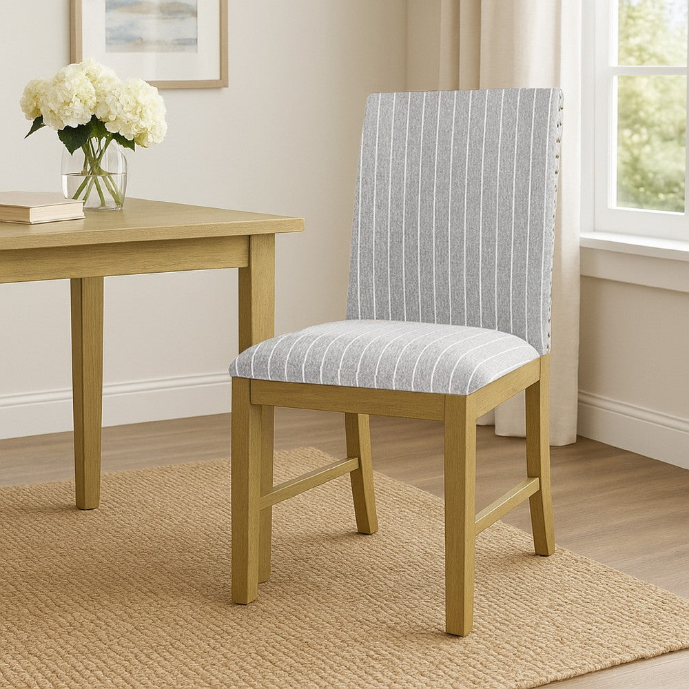 Benjara Tim Dining Chair Set of 2, Wood Apron Frame, Gray Striped Polyester