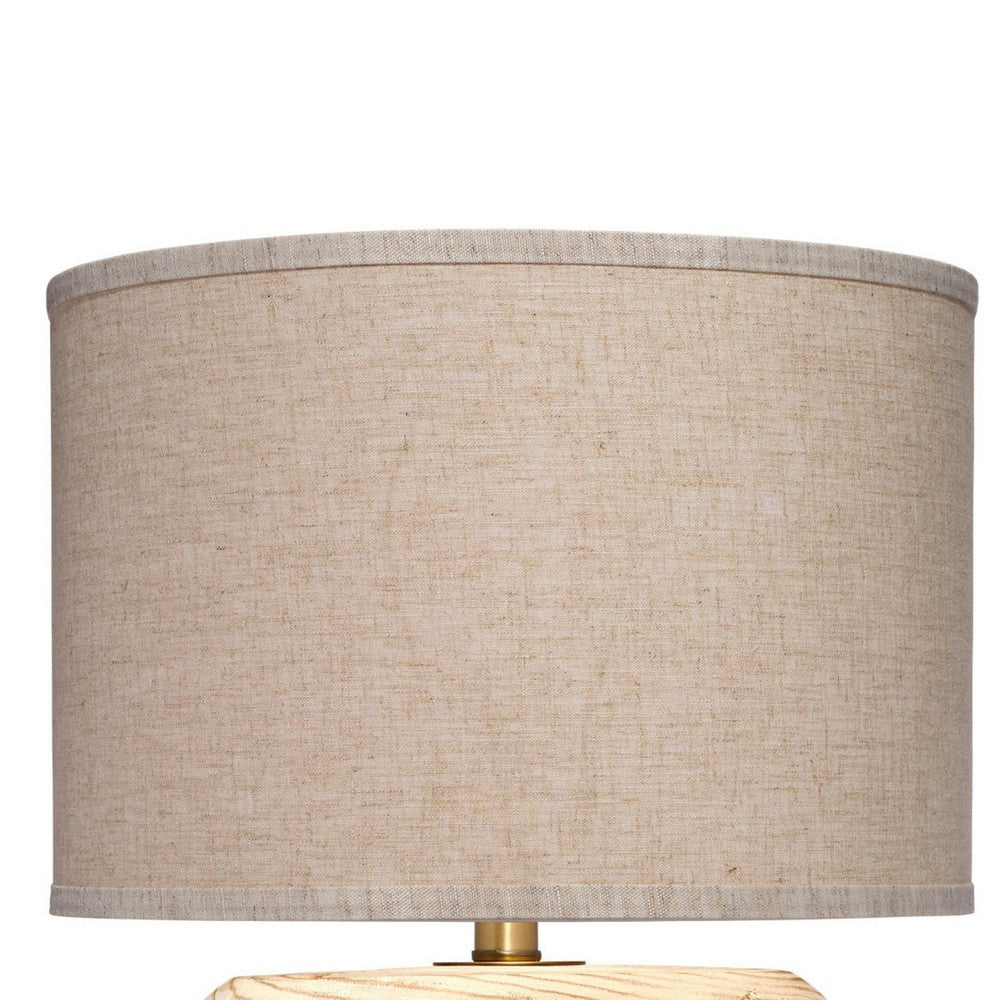 Benjara Timy Accent Table Lamp, 18 Inch, Linen Drum Shade, Brown Wood Base