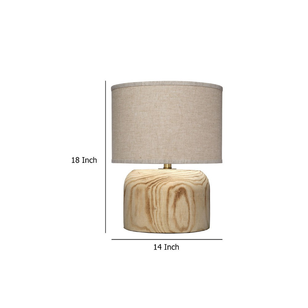 Benjara Timy Accent Table Lamp, 18 Inch, Linen Drum Shade, Brown Wood Base