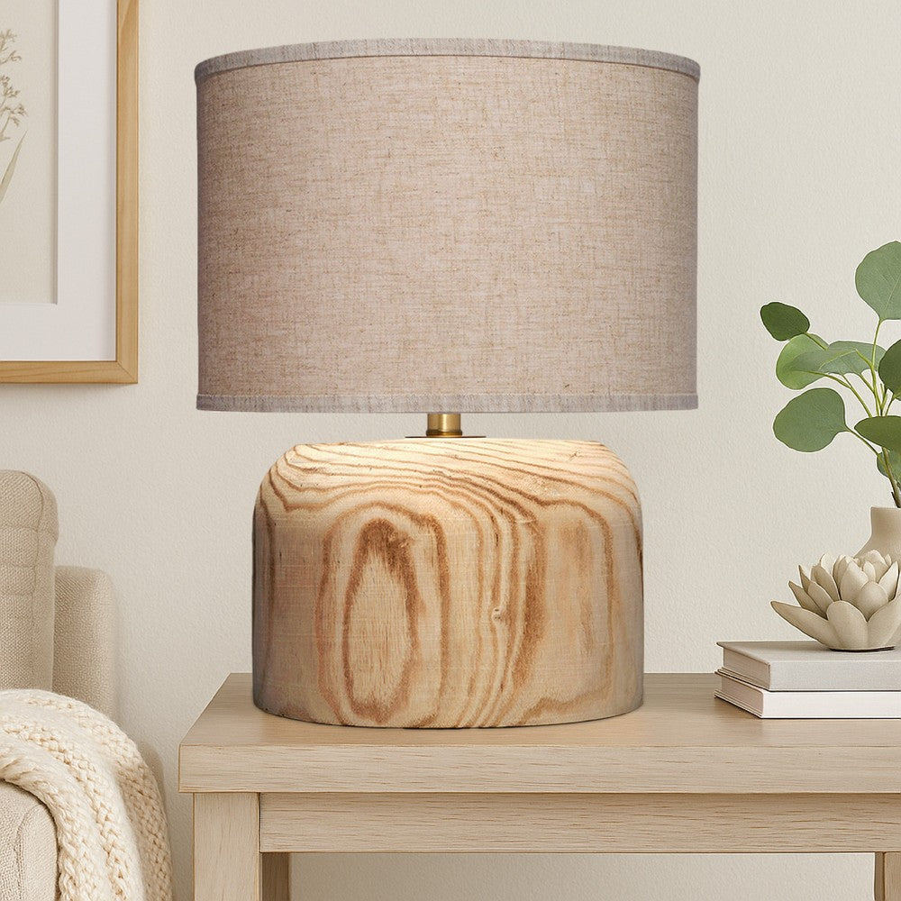 Benjara Timy Accent Table Lamp, 18 Inch, Linen Drum Shade, Brown Wood Base