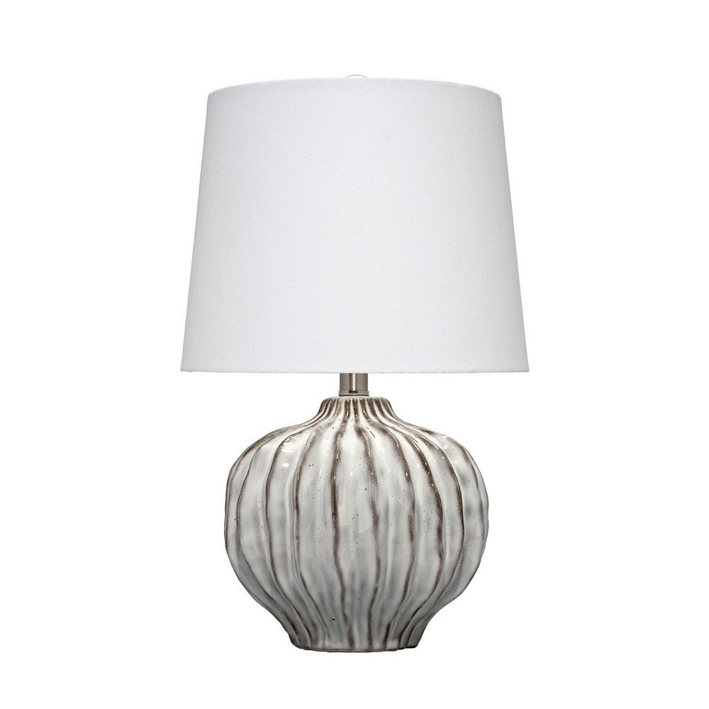 Benjara Riz Accent Table Lamp, 20 Inch Ceramic Glaze Gray Silver, White Linen