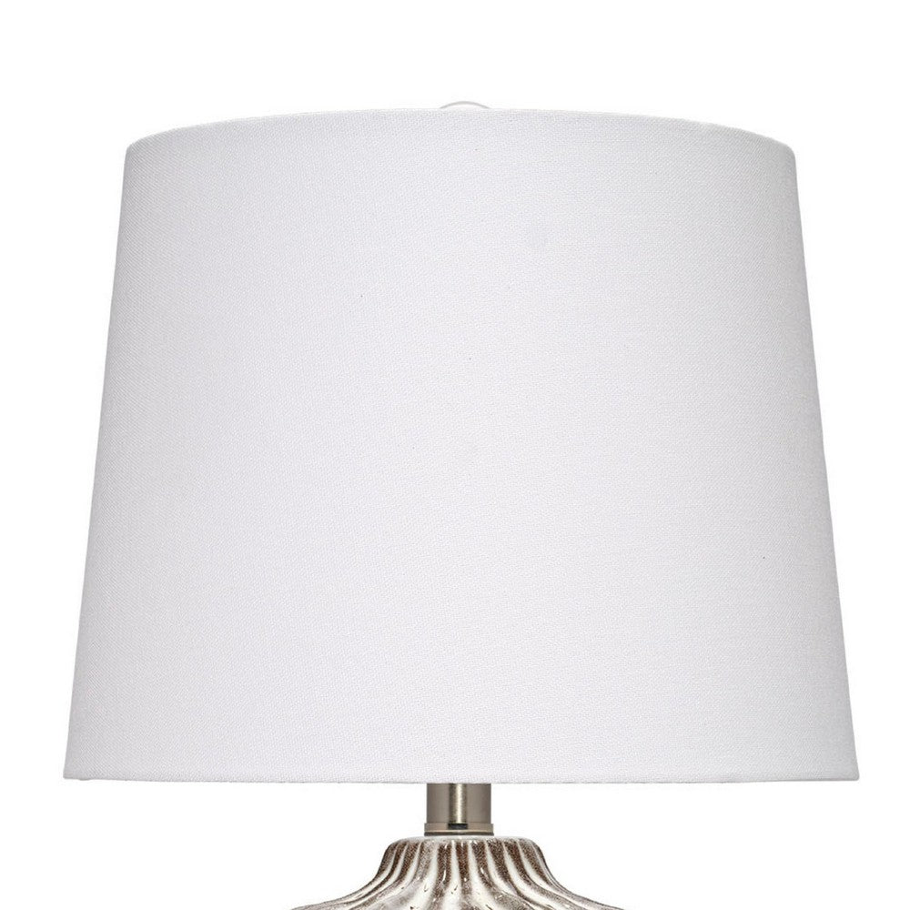 Benjara Riz Accent Table Lamp, 20 Inch Ceramic Glaze Gray Silver, White Linen