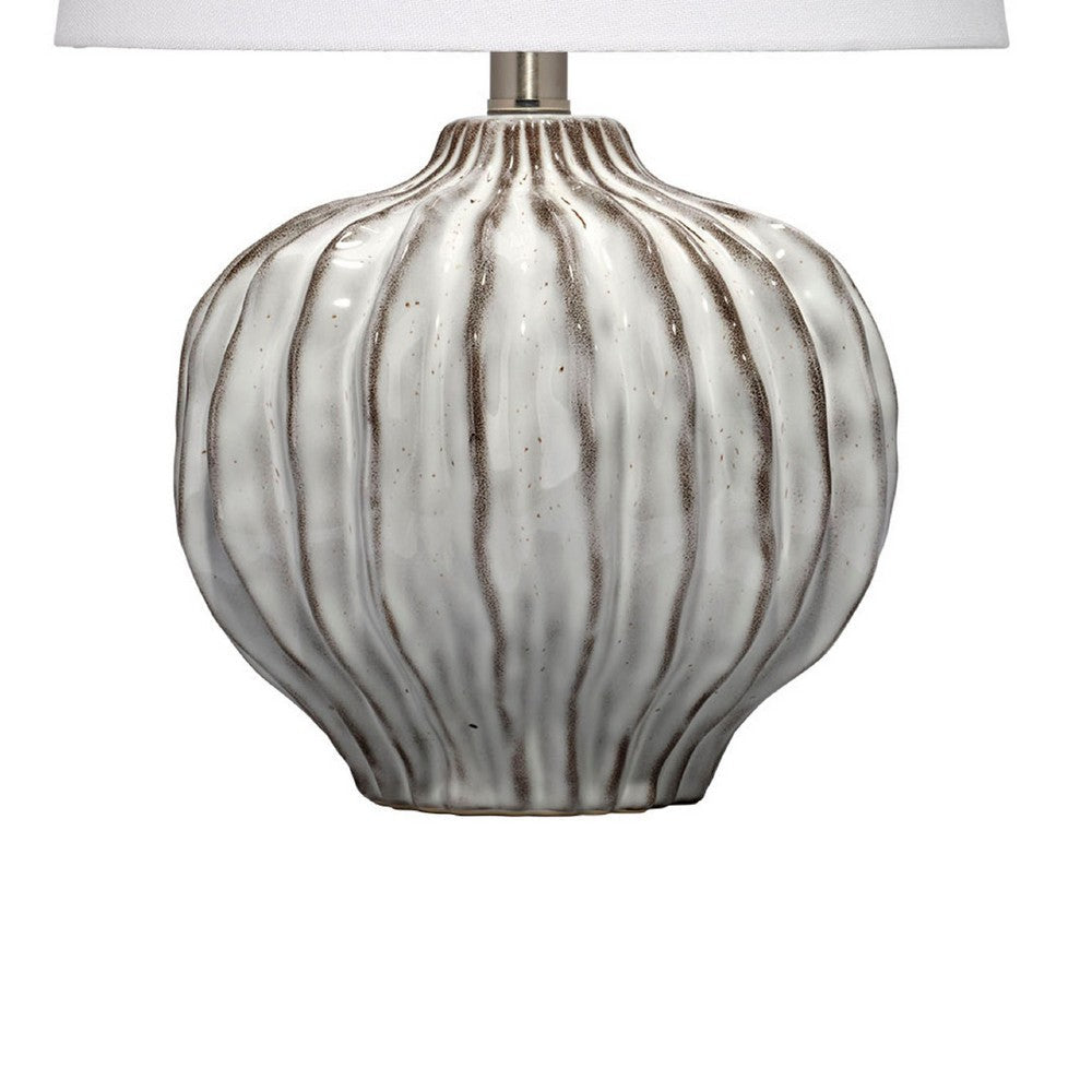 Benjara Riz Accent Table Lamp, 20 Inch Ceramic Glaze Gray Silver, White Linen