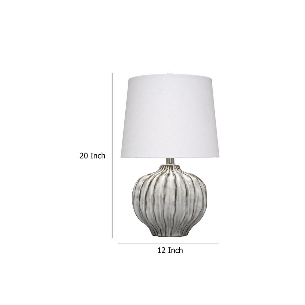 Benjara Riz Accent Table Lamp, 20 Inch Ceramic Glaze Gray Silver, White Linen