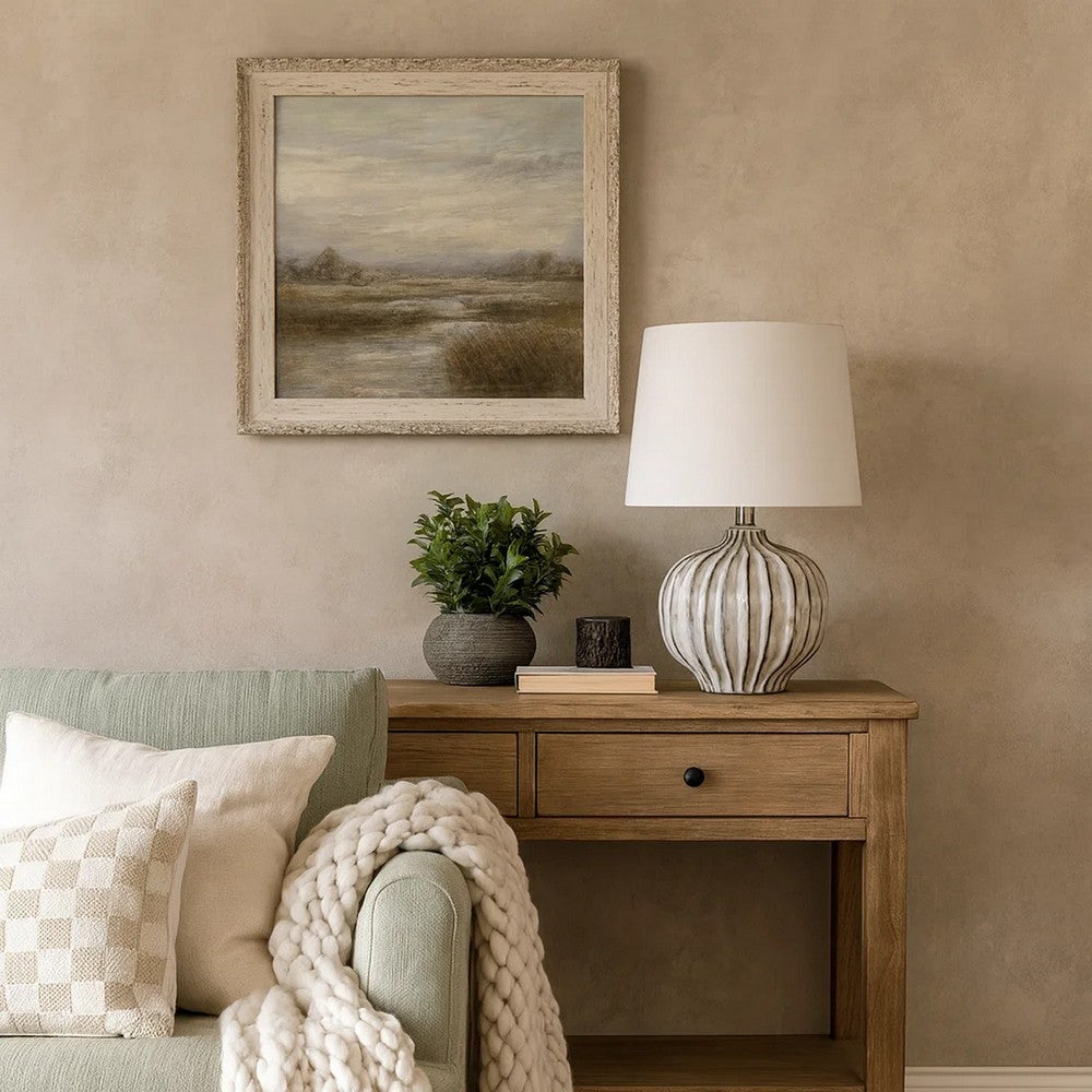 Benjara Riz Accent Table Lamp, 20 Inch Ceramic Glaze Gray Silver, White Linen