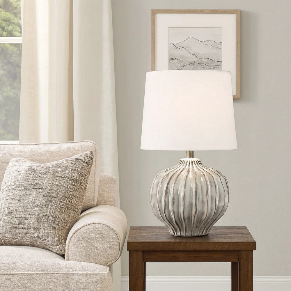 Benjara Riz Accent Table Lamp, 20 Inch Ceramic Glaze Gray Silver, White Linen