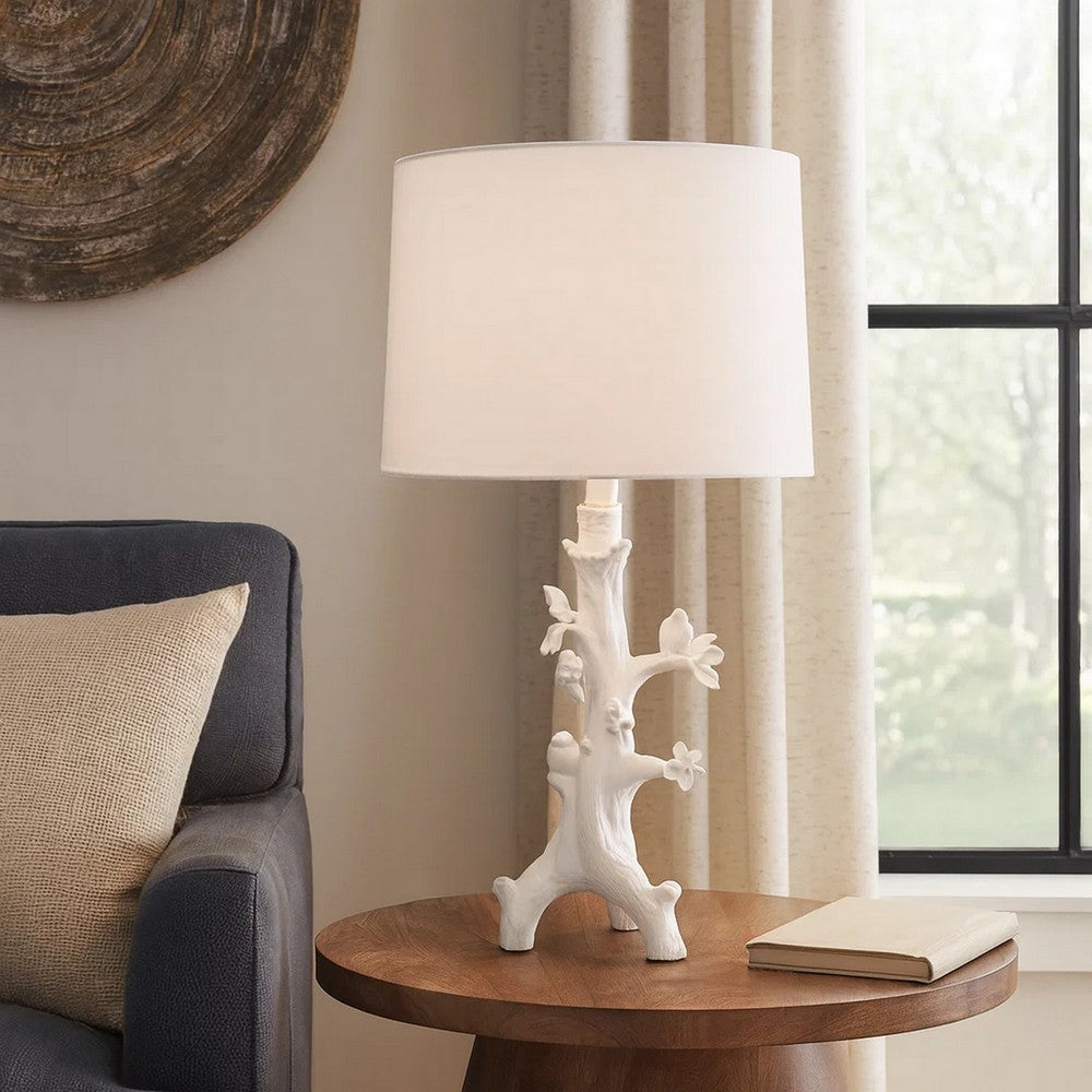 Benjara Sils Accent Table Lamp, Linen Shade, White Trunk Resin Base 28 Inch