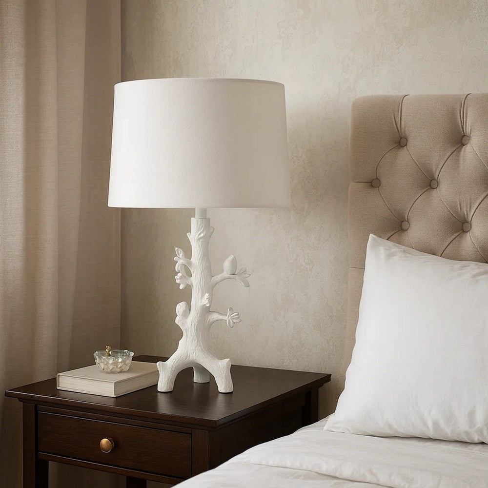 Benjara Sils Accent Table Lamp, Linen Shade, White Trunk Resin Base 28 Inch