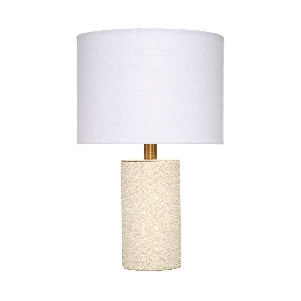 Benjara Myn Table Lamp, 18 Inch, White Linen Drum Shade, Cream Leather Base