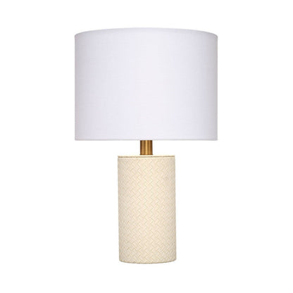 Benjara Myn Table Lamp, 18 Inch, White Linen Drum Shade, Cream Leather Base