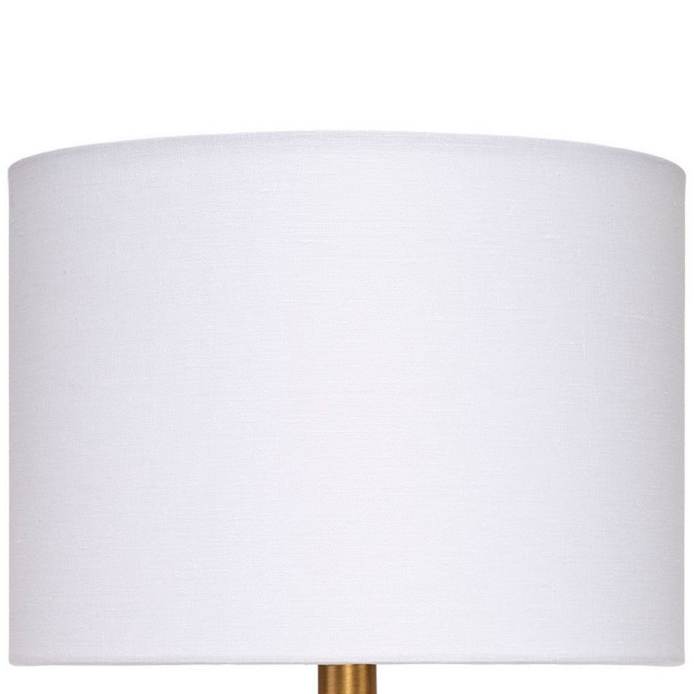 Benjara Myn Table Lamp, 18 Inch, White Linen Drum Shade, Cream Leather Base
