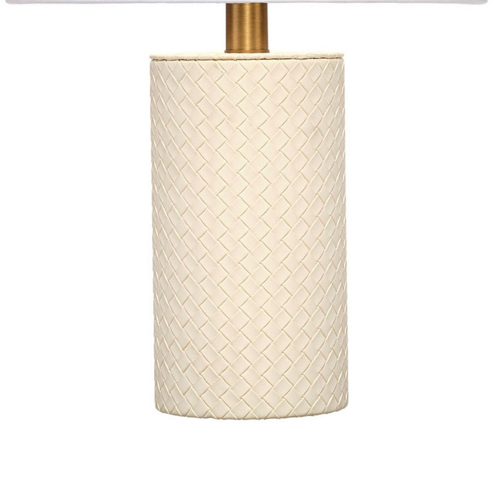 Benjara Myn Table Lamp, 18 Inch, White Linen Drum Shade, Cream Leather Base